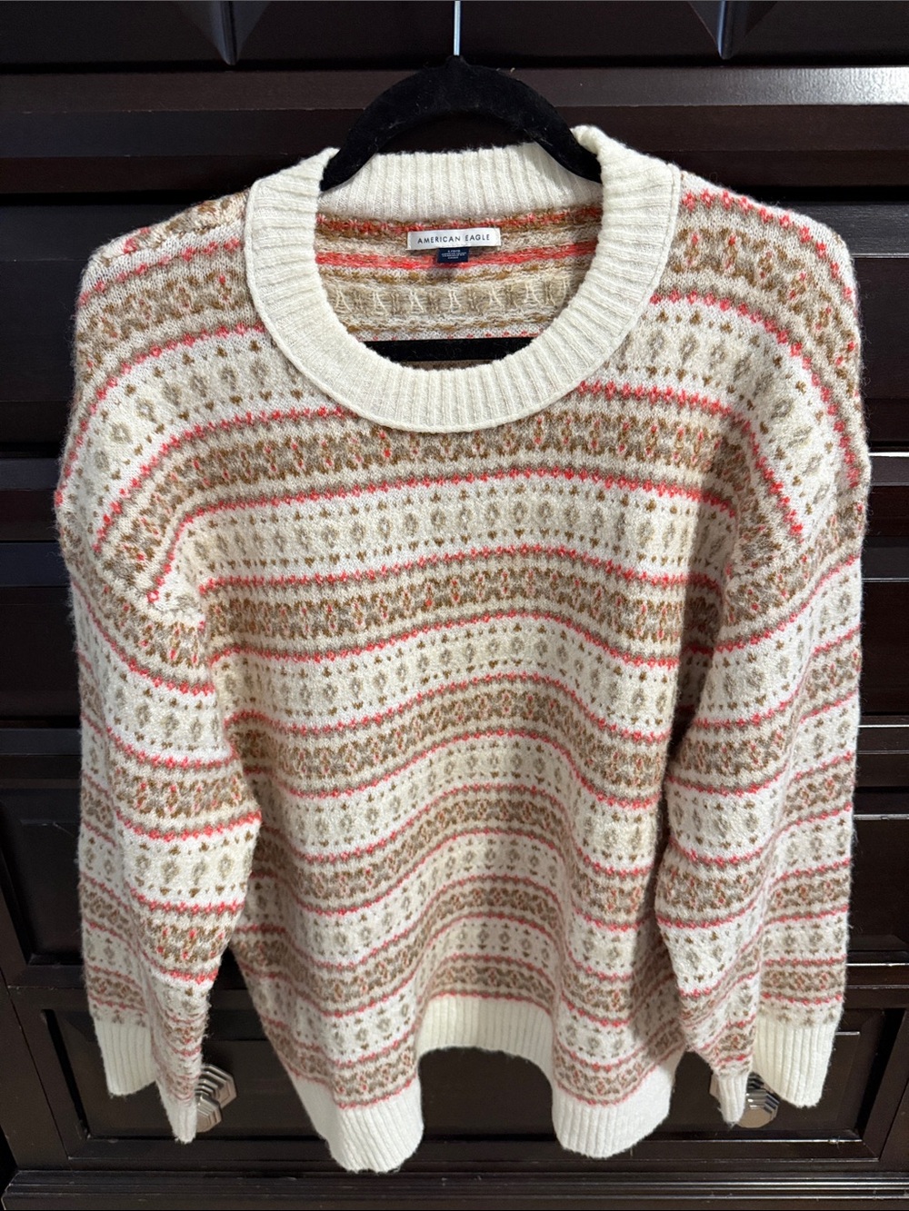 American Eagle Outfitters Cream Fair Isle Crew Sweater with Pink & Tan Stripes